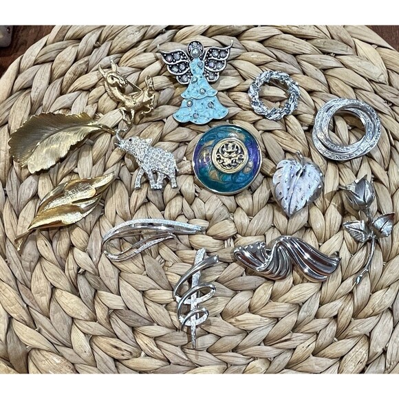 VTG 13- Mixed Silver Gold Tone Rhinestone AB Animal Rose Leaf Brooch Pins - Picture 1 of 15